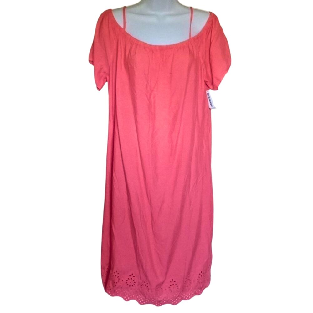 NWT Medium Old Navy Pink Coral Off Shoulder Eyelet Hem Ruffle Summer Dress